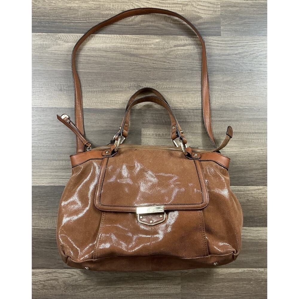 B Makowsky Lombard Brown Snake Embossed Top Handle Satchel Bag Sz L Exotic Chic